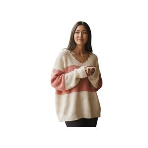 POPSUGAR CREAM & PINK DISTRESSED HEM SWEATER SZ.XL EUC.
